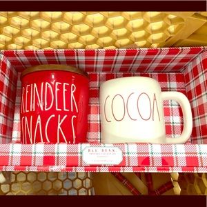 Rae Dunn red reindeer snacks cellar with cocoa mug